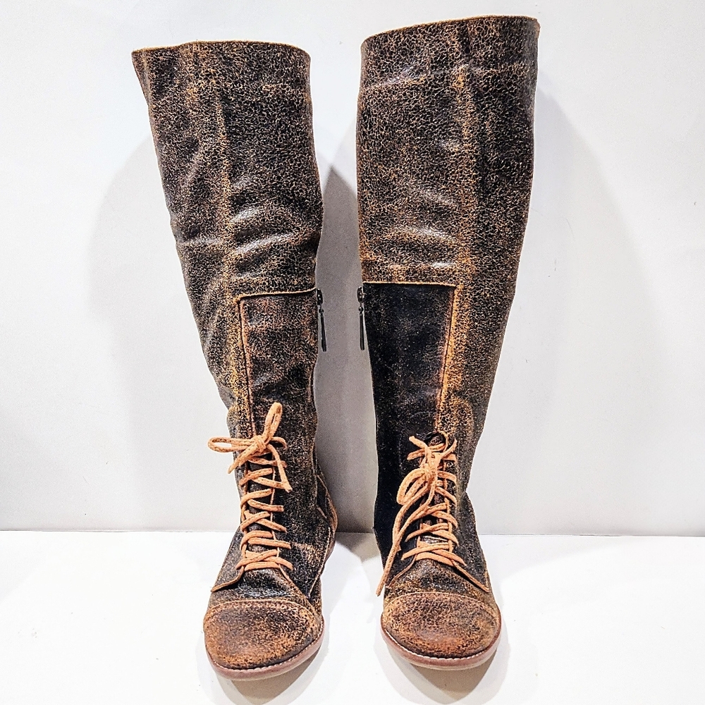 Sibyl Vane Knee High Riding Boots Distressed Leather Women 37 Equestrian Gaucho